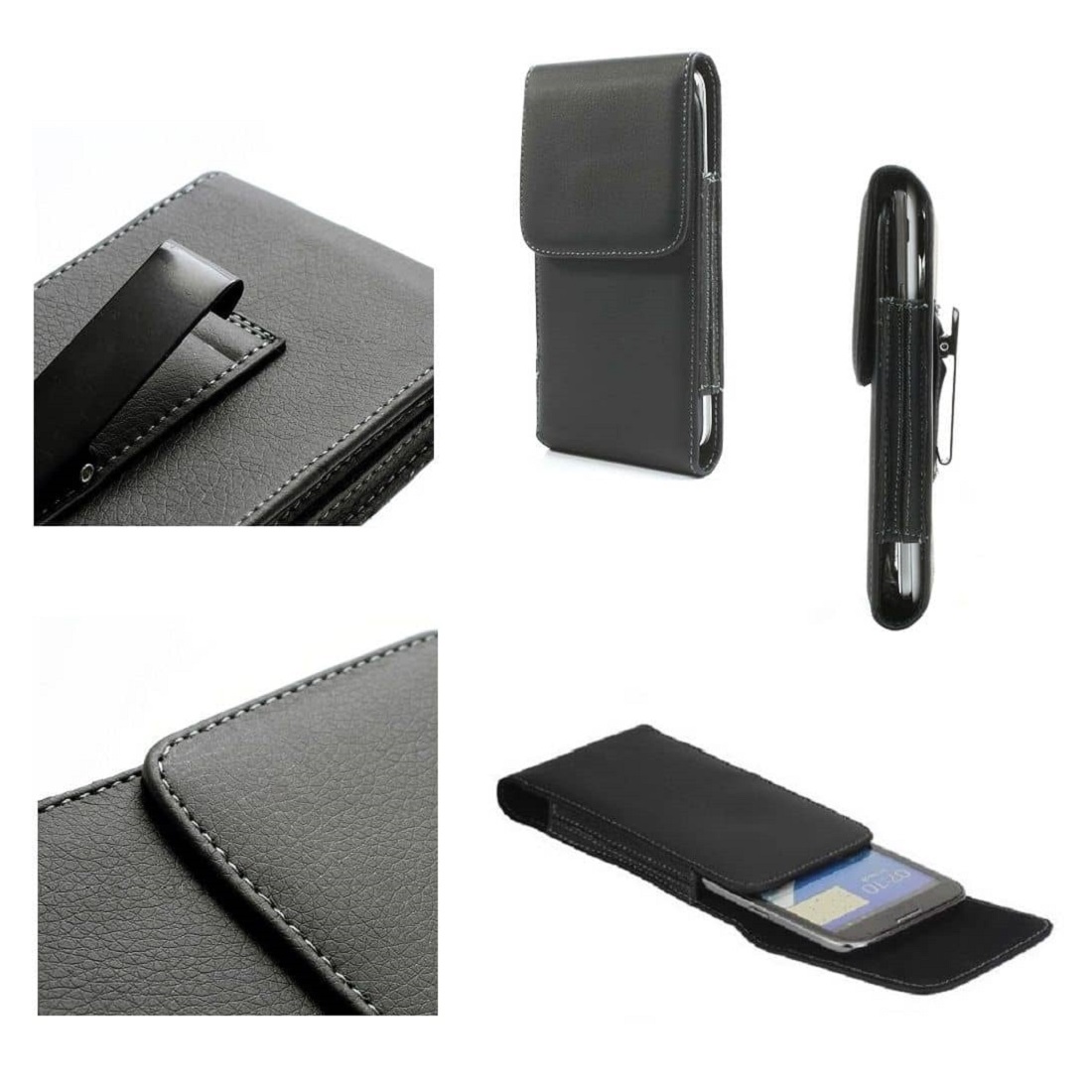 Leather Flip Belt Clip Metal Case Holster Vertical for PANASONIC KX-TU150 (2019) - Black