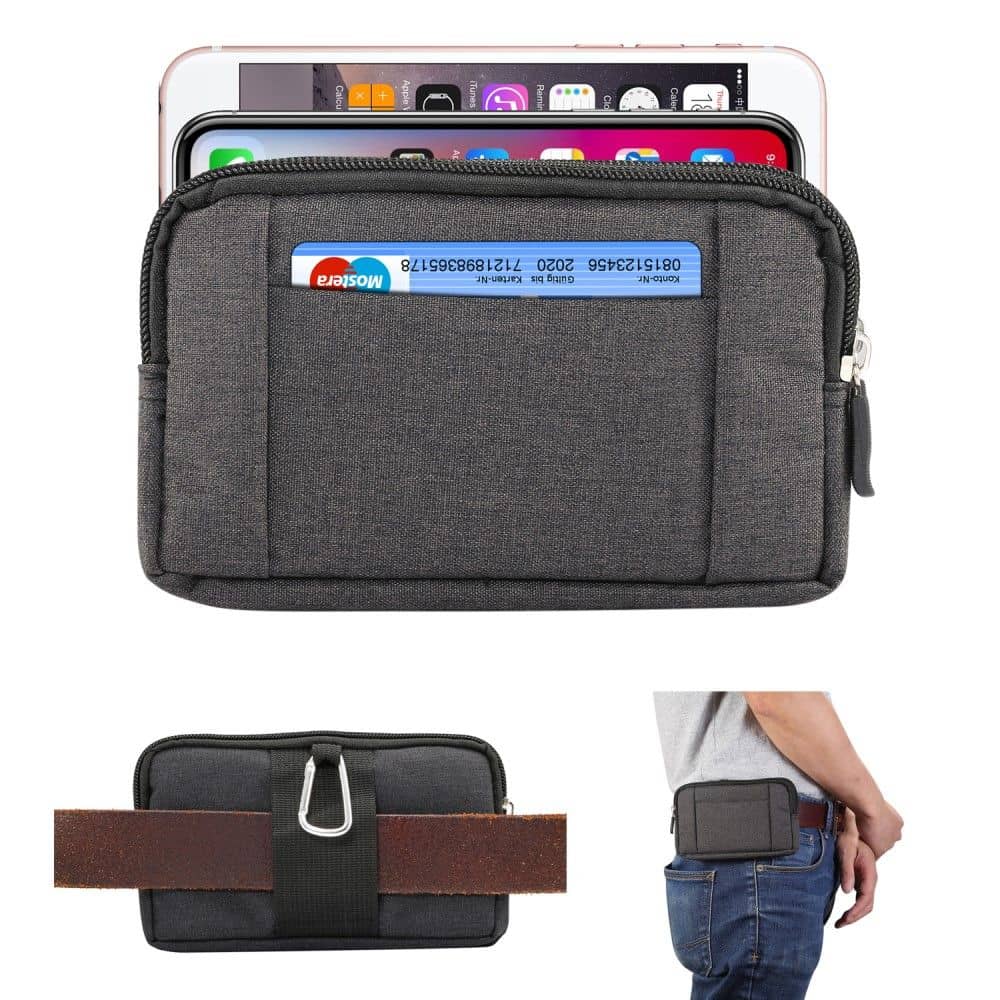 Multipurpose Horizontal Belt Case 2 Compartments Zipper for Kyocera Torque G04 (2019) - Black (15 x 8 x 2 cm)