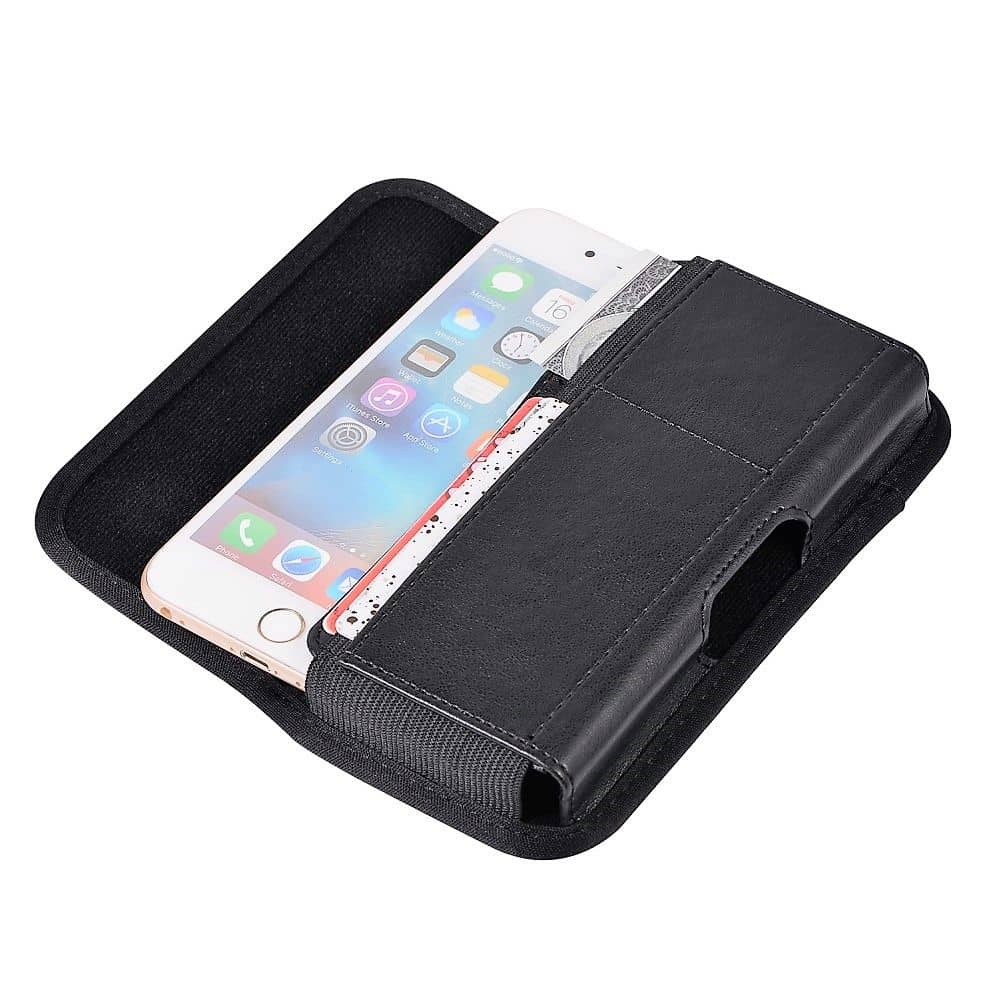 Horizontal Metal Belt Clip Holster with Card Holder in Textile and Leather for BQ Mobile BQ-5016G Choice (2020) - Black